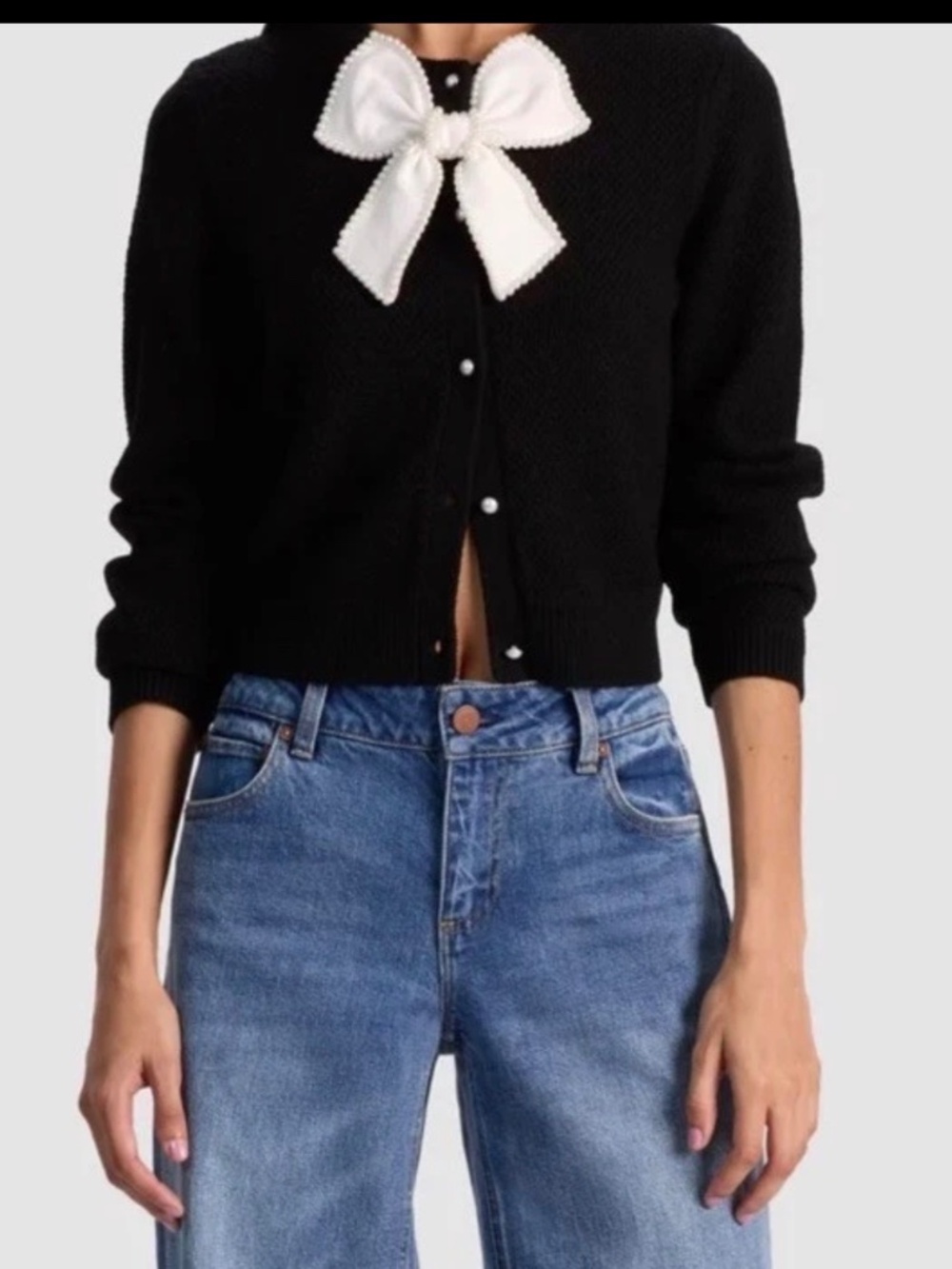 Alice + Olivia Black Dollie Cardigan Embellished Bow Pearl Buttons Sz  XL  $595